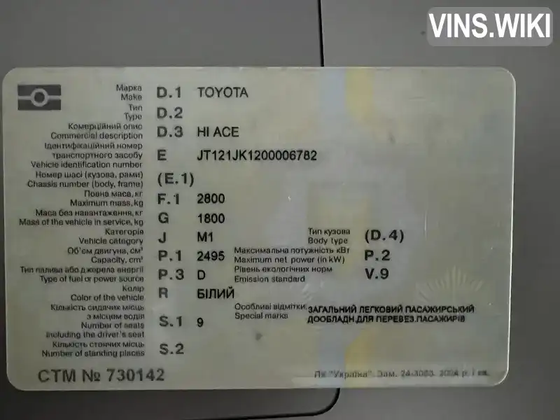 Toyota Hiace 2002, фото з оголошення 2 з 16, VIN JT121JK1200006782